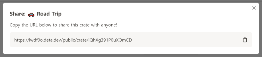 Screenshot showing the share crate modal